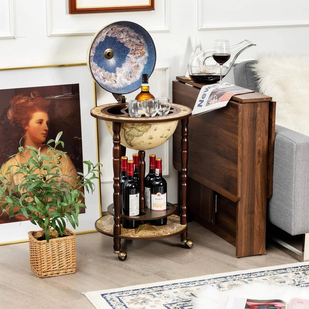 Mappamondo Bar con Ruote Mobili, Porta Liquori Stile Retrò (Beige 45 x 45 x 88cm)