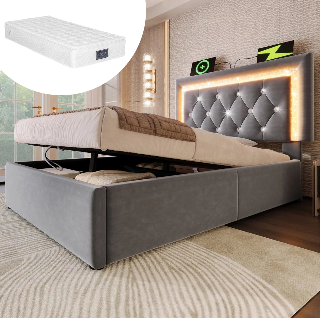 Letto singolo 90x200 cm in velluto grigio con LED, presa USB e Type-C, contenitore e materasso