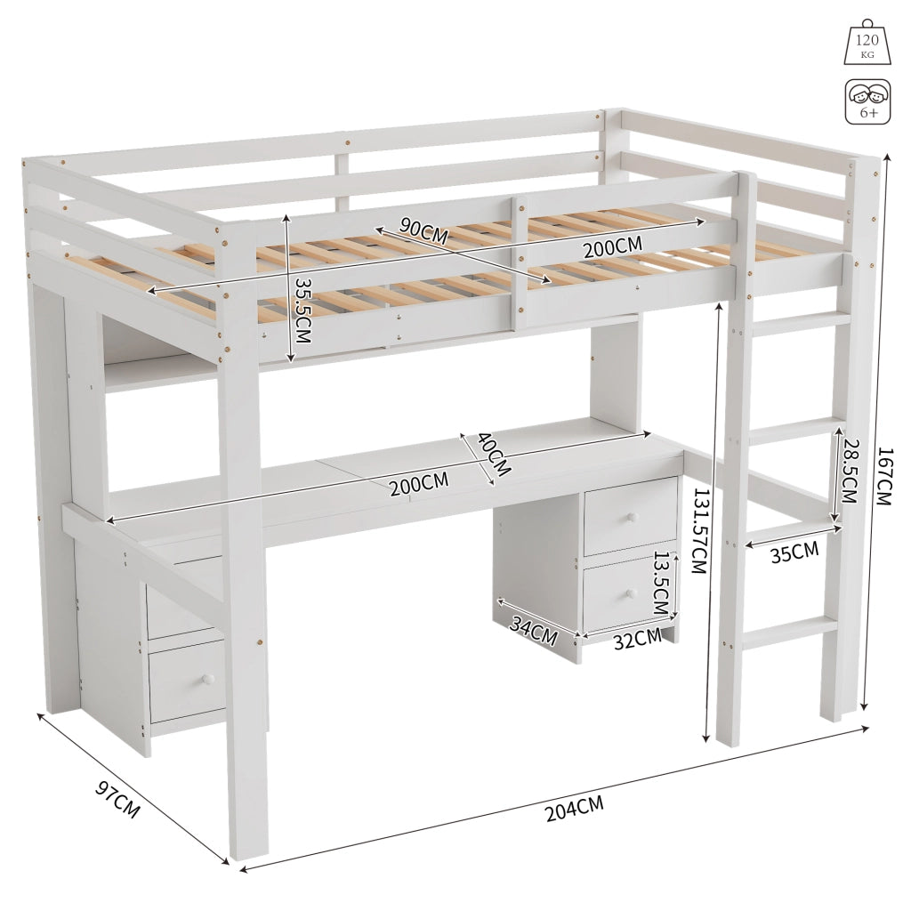 Letto a soppalco 90x200 cm con scrivania; 4 cassetti; in pino e MDF; bianco