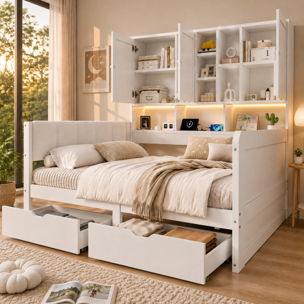 Letto contenitore 90 x 200 cm con LED; USB; USB-C; cassetti e testiera in PU bianca