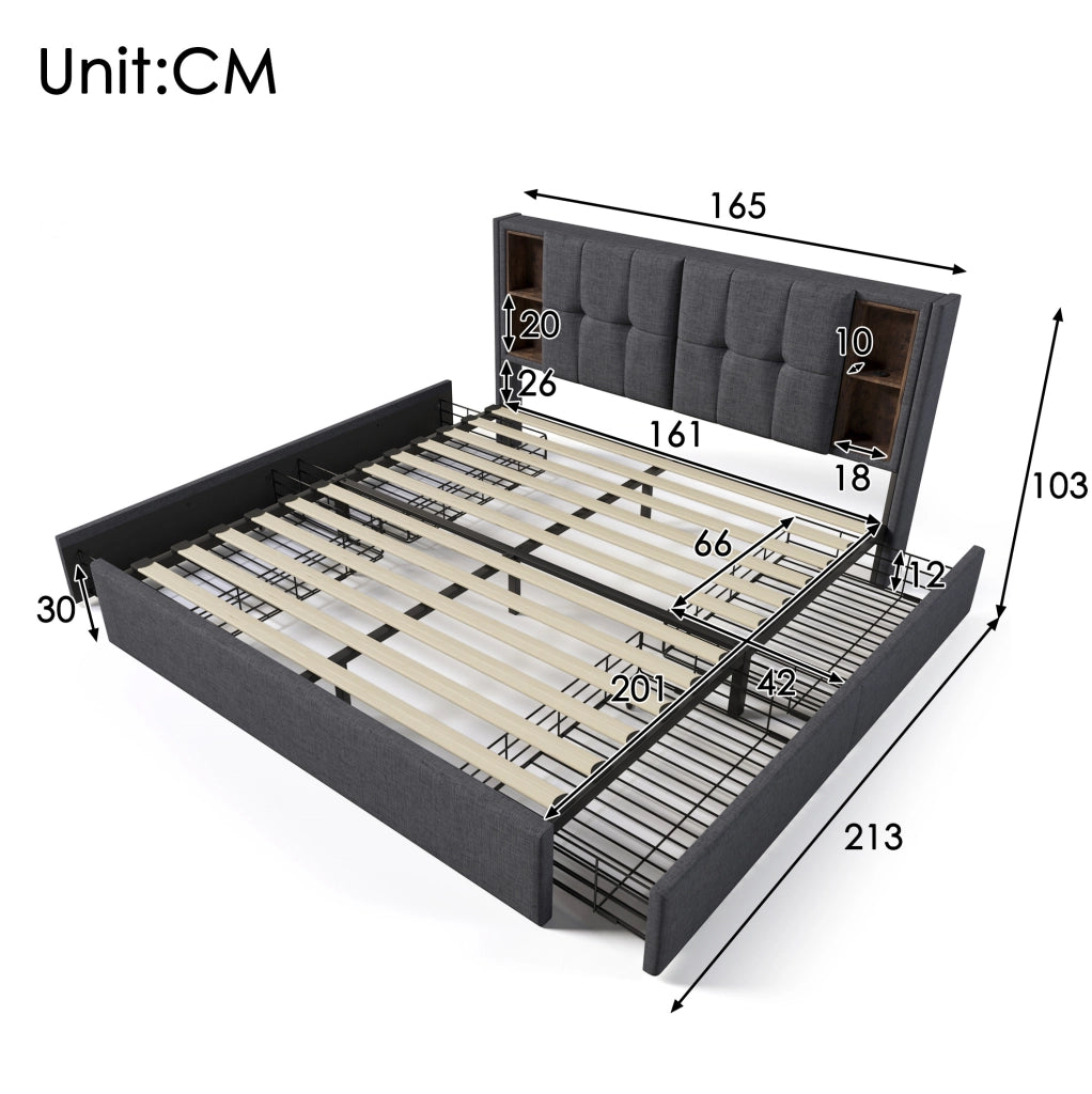 Letto matrimoniale 160x200 cm con ricarica wireless; USB C e 4 cassetti; lino grigio