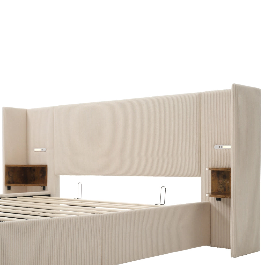 Letto contenitore 160x200 cm beige-bianco con LED lettura, USB e Type-C