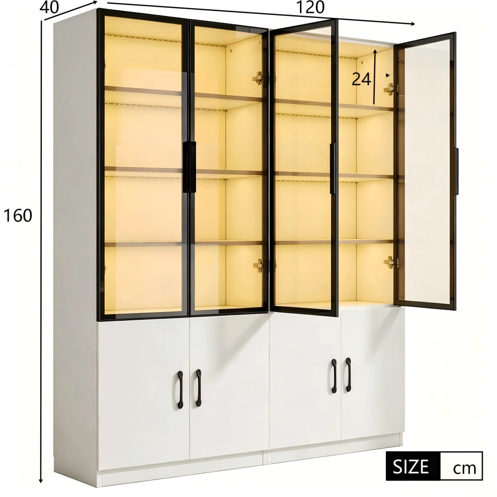 Vetrina LED multicolore con 2 ante e ripiani espositivi per soggiorno in vetro e truciolato bianco 120 × 40 × 160 cm