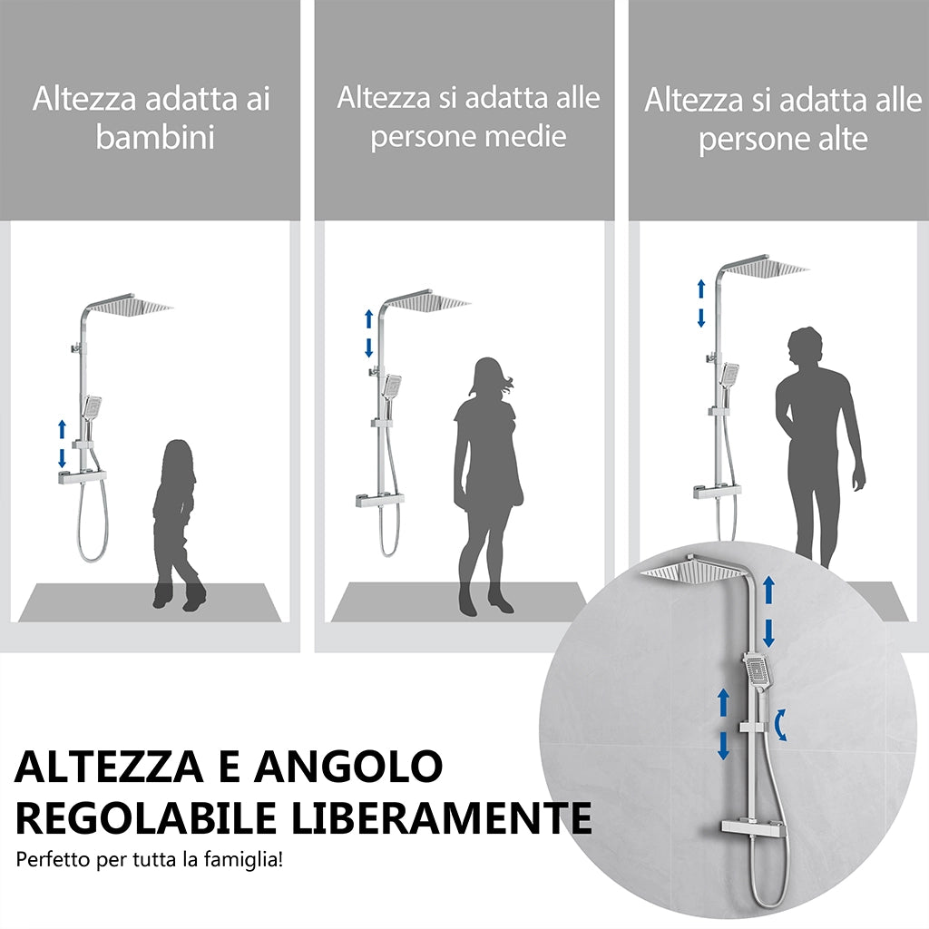 AICA Colonna doccia con miscelatore termostatico, rubinetto doccia 28x4cm, soffione doccia quadrato 30x30cm in acciaio inox cromato