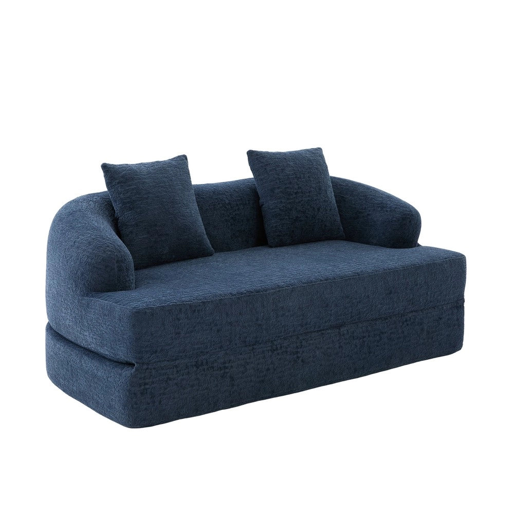 Divano letto 2 posti ¨C Minimal ¨C Chenille blu, con due cuscini