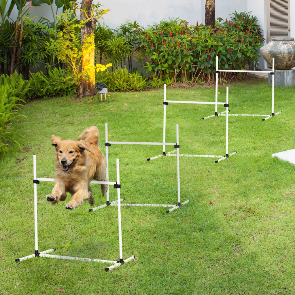 Desviae Ostacoli agility per cani con 4 ostacoli, pali da slalom e borsa in plastica bianca regolabili in altezza