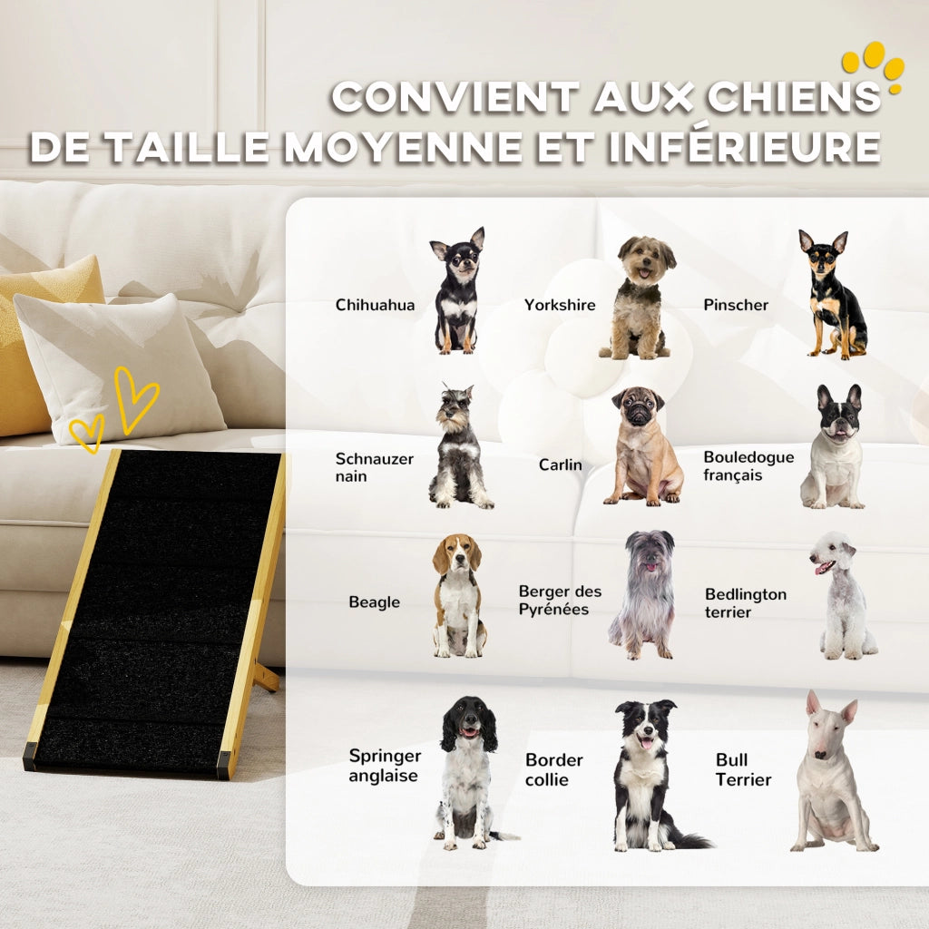 Rampa pieghevole per cani in legno naturale regolabile 4 altezze per casa 83,5 x 35 x 47,5 cm