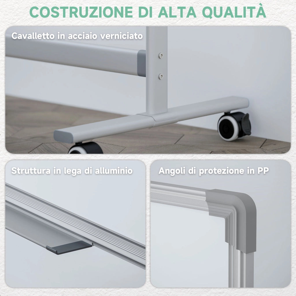 Lavagna Bianca Magnetica a 2 Facce con Accessori e 4 Ruote 127x50x165 cm
