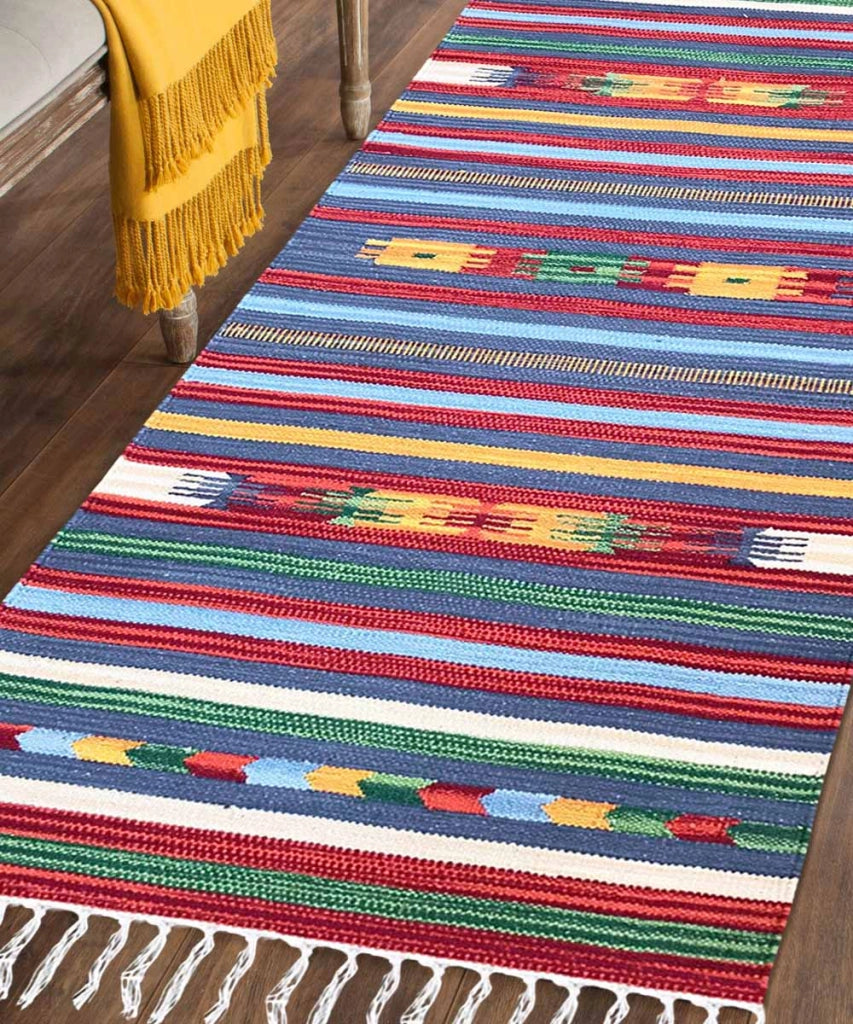 Tappeto passatoia KELIM 01 disegni etnici orientali colori vivaci cm.60x90 tessuto e frangia 100% cotone, lavabile in lavatrice