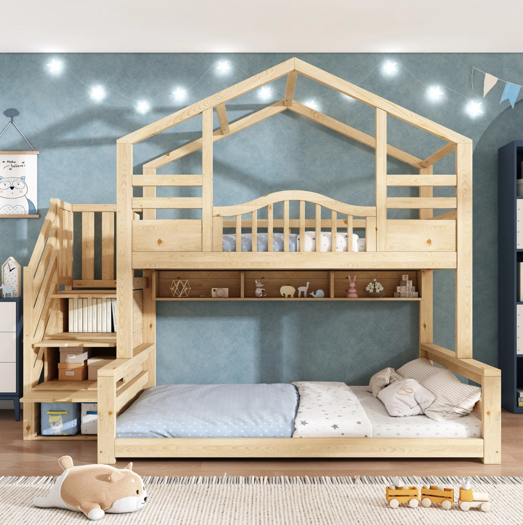 Letto a castello in legno 90x200/140x200 con scala contenitore e ripiani