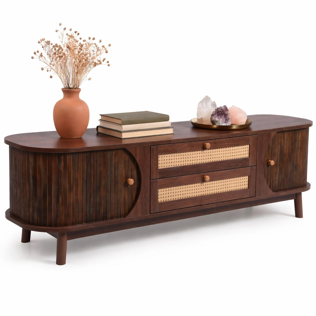 Mobile TV in MDF con ante in legno e cassetti in rattan, 170 x 46 x 39,5 cm, colore legno naturale