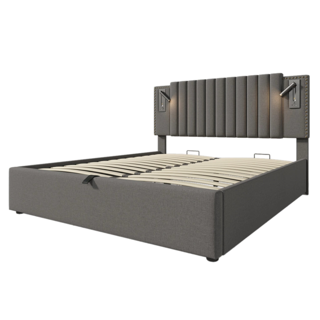 Letto imbottito 140x200 con contenitore; grigio