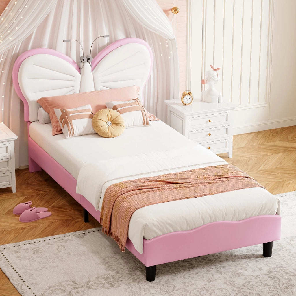 Letto Singolo 90x190 cm; Testiera Imbottita a Forma di Farfalla con Luci di Lettura; Struttura Letto per Bambini e Ragazzi; Senza Materasso