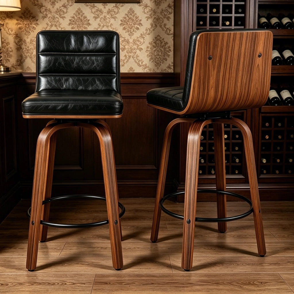 Sgabello da bar con schienale in similpelle nera e gambe in legno HOMVRA