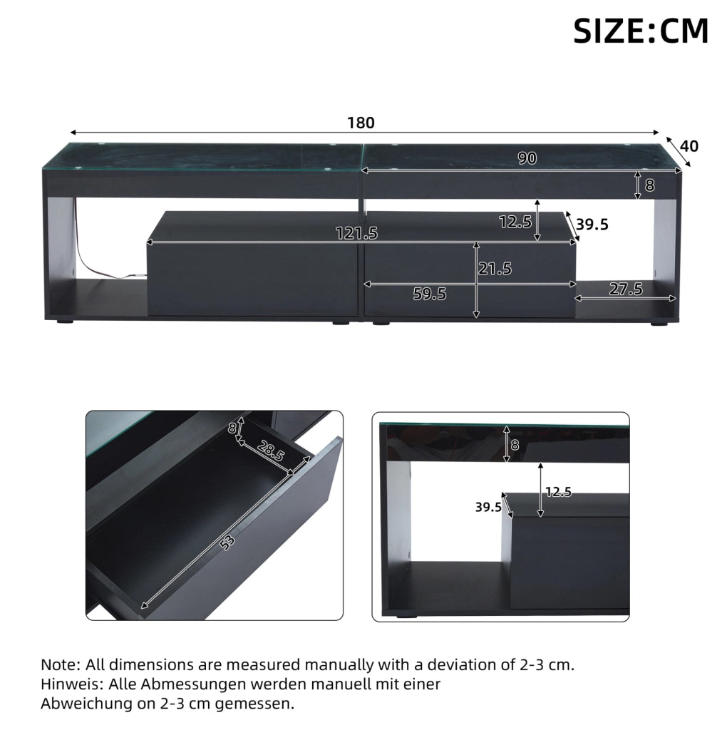 Mobile TV moderno con LED e 2 cassetti; 180x40x46 cm; nero lucido