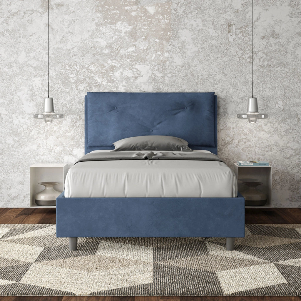 BS COM Letto una piazza e mezza senza rete imbottito 130x200 microfibra blu Large