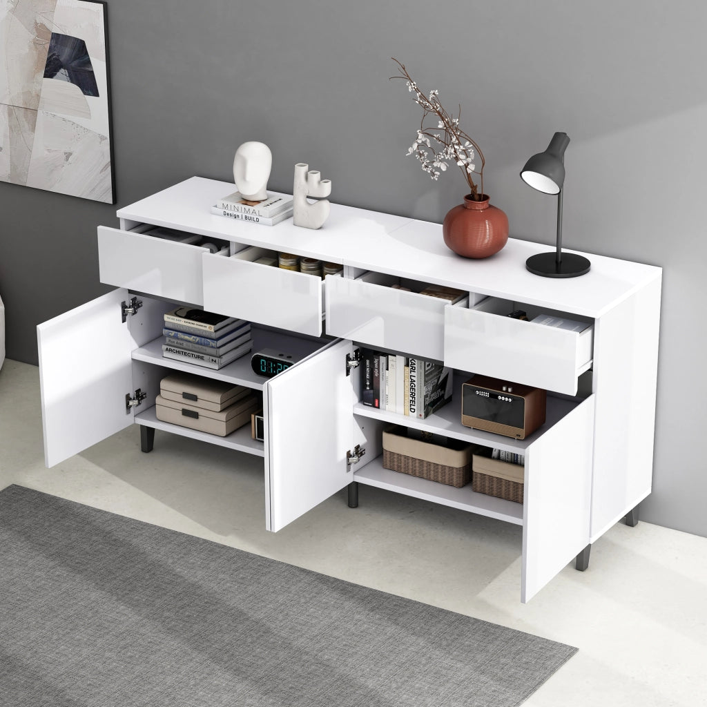 Credenza con 4 cassetti; 2 ante e ripiani regolabili; frontali lucidi bianchi 160 × 40 × 68 cm