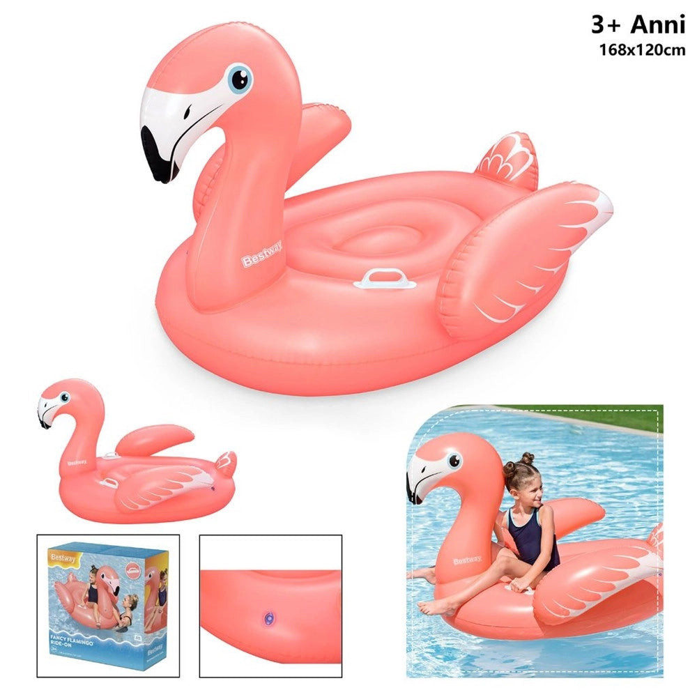 Trade Shop - Cavalcabile Gonfiabile Piscina Mare A Forma Di Fenicottero Rosa 168x120cm 2 Maniglie 41526 -