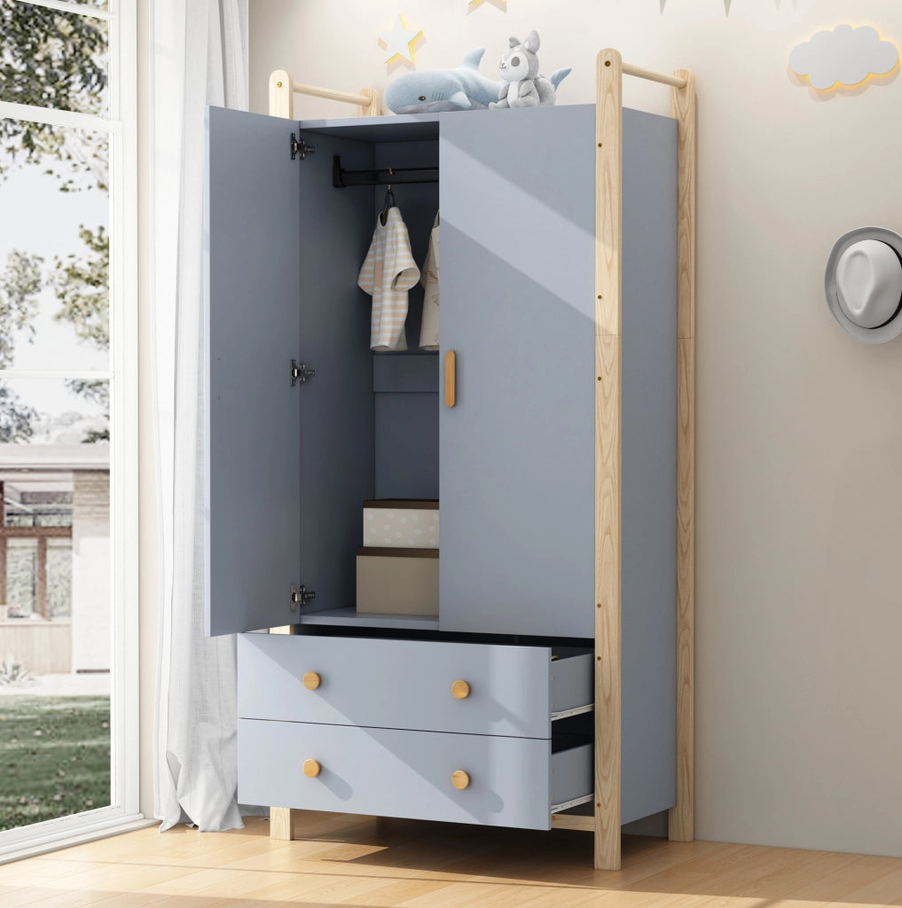 Armadio a 2 ante con asta appendiabiti e 2 cassetti in legno e MDF blu; colore naturale
