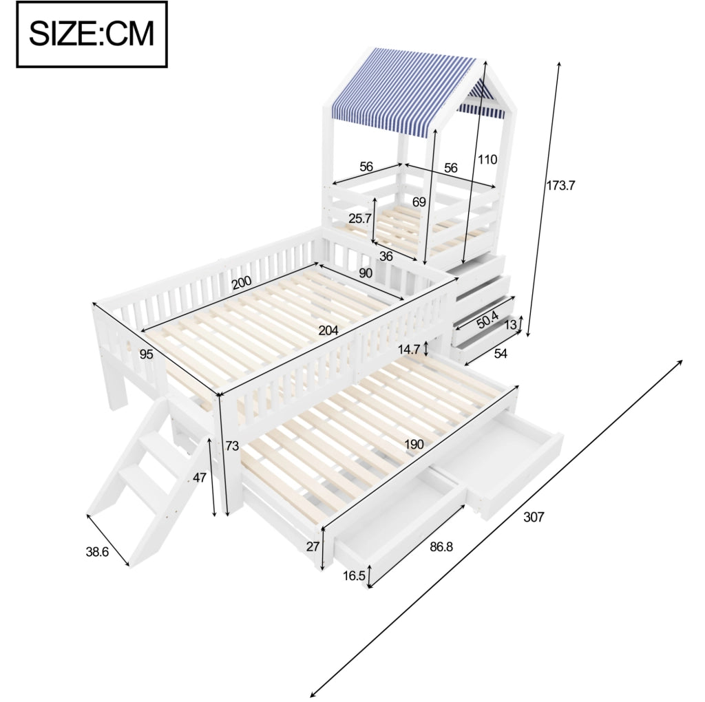 Letto a castello per bambini 90x200 cm con letto estraibile, cassetti e scaletta