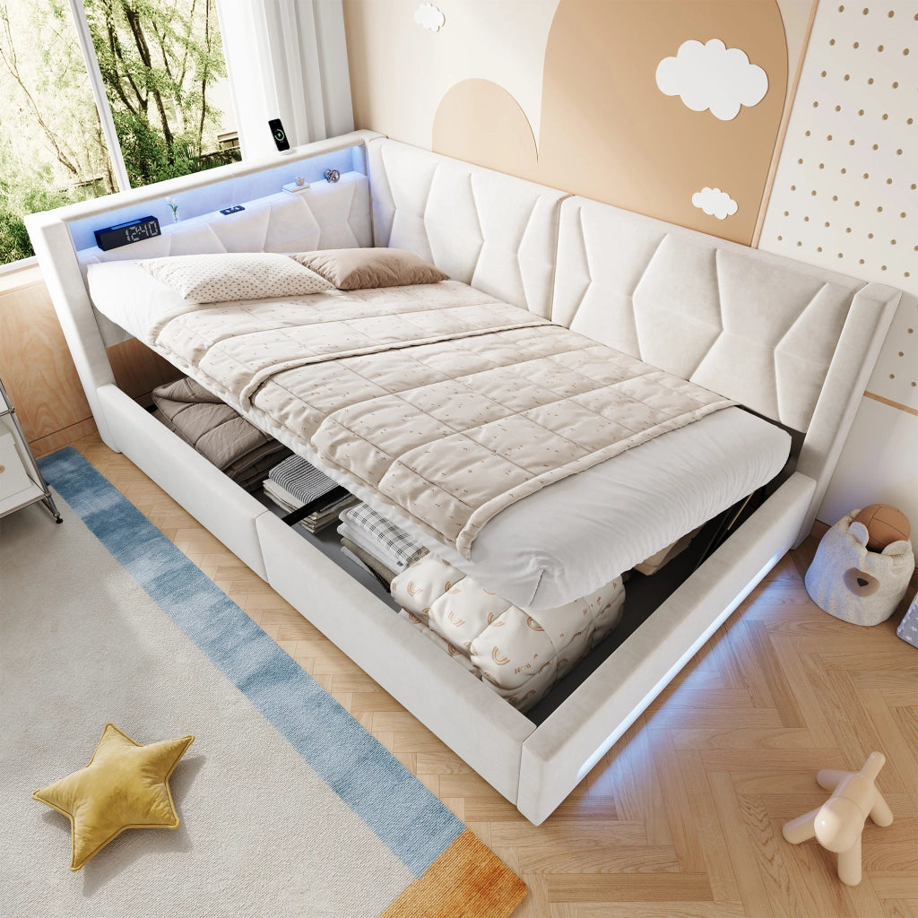 Letto imbottito 140x200 con contenitore; velluto beige; LED e porte USB Type-C