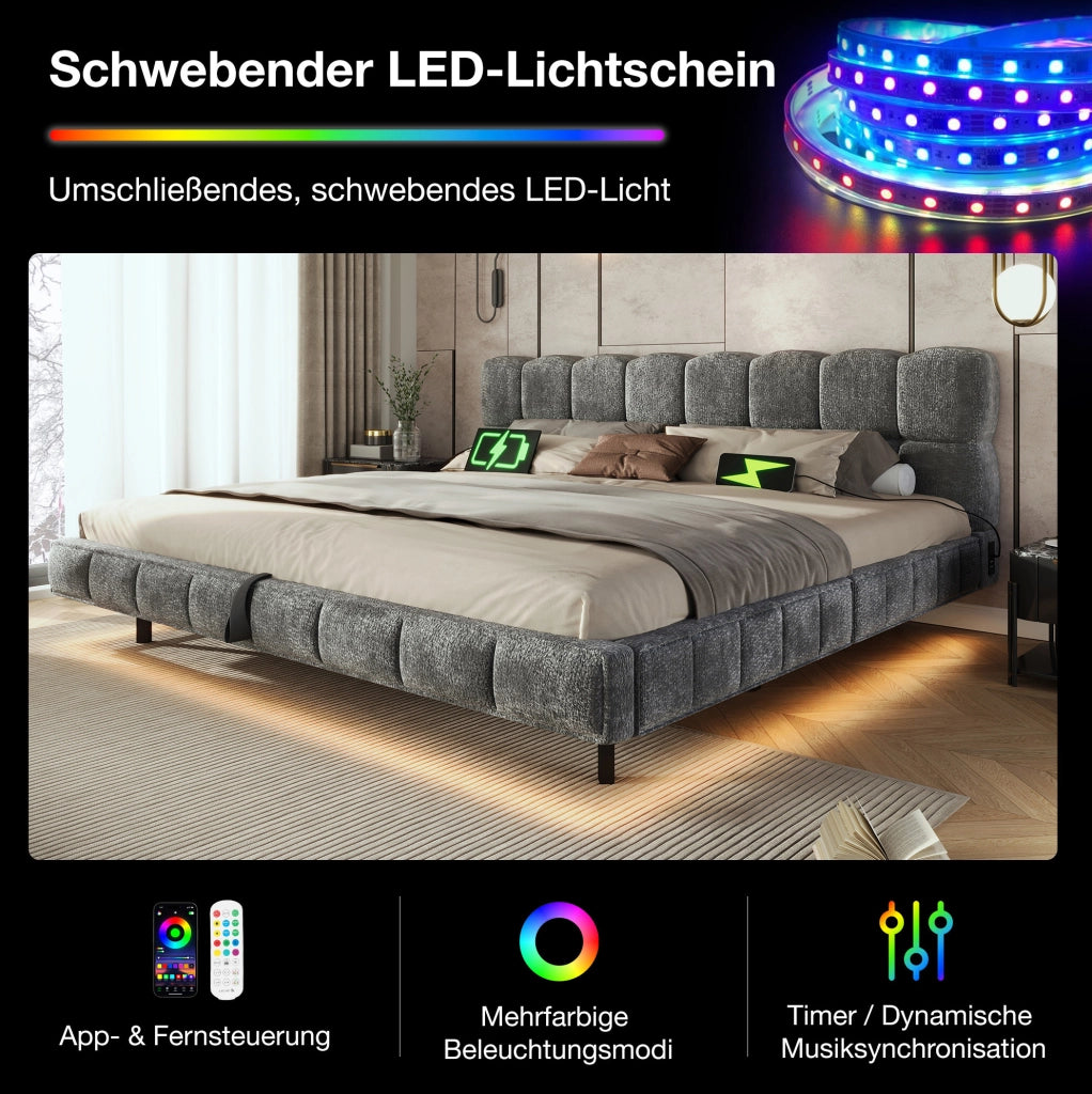 Letto matrimoniale 180x200 cm con contenitore idraulico; LED; USB e Type-C; ciniglia grigia