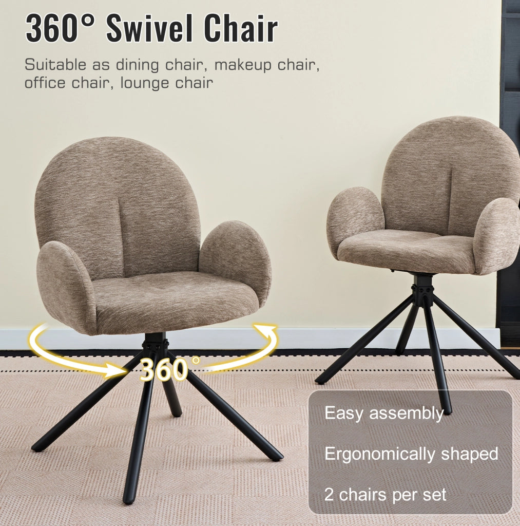 SEDIA Girevole da pranzo Set da 2 pezzi con braccioli Chenille Nero/Taupe