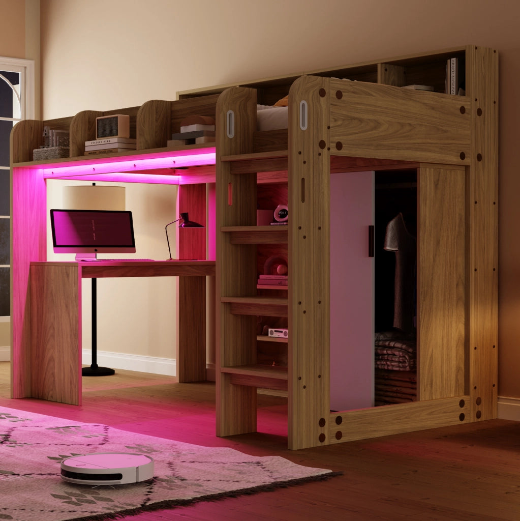 Letto a soppalco 90x200 cm con scrivania, armadio, LED e presa in MDF