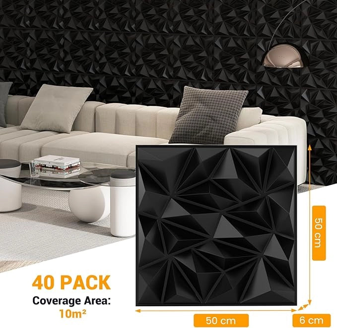 40 Pezzi 3D Pannelli Murali 50 x 50 cm, Pannello da Parete 3D Diamante, Decorazione Interna da Parete in PVC, 10 m², per Soggiorno Camera da Letto (10㎡,Nero)