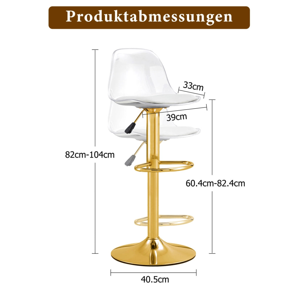 Set 2 sgabelli da bar regolabili 82-104 cm con schienale trasparente e base oro