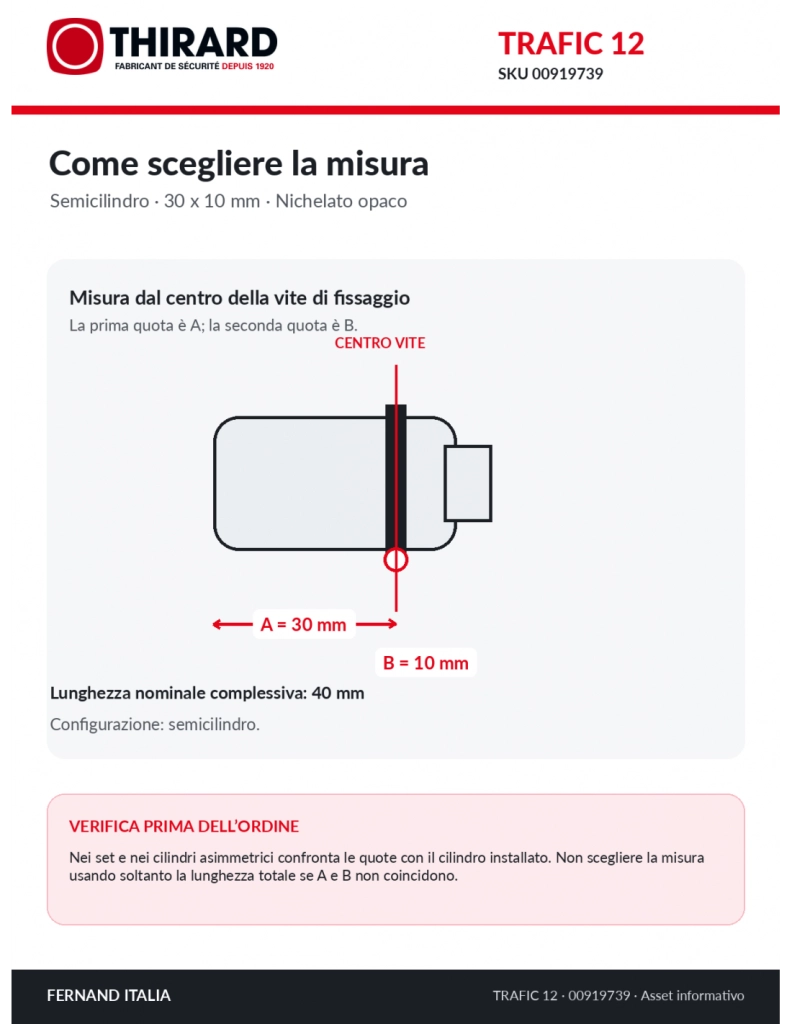 Semicilindro europeo TRAFIC 12 30 x 10 mm, nichelato, anti-perforazione, anti-rottura, 5 chiavi piatte reversibili – THIRARD