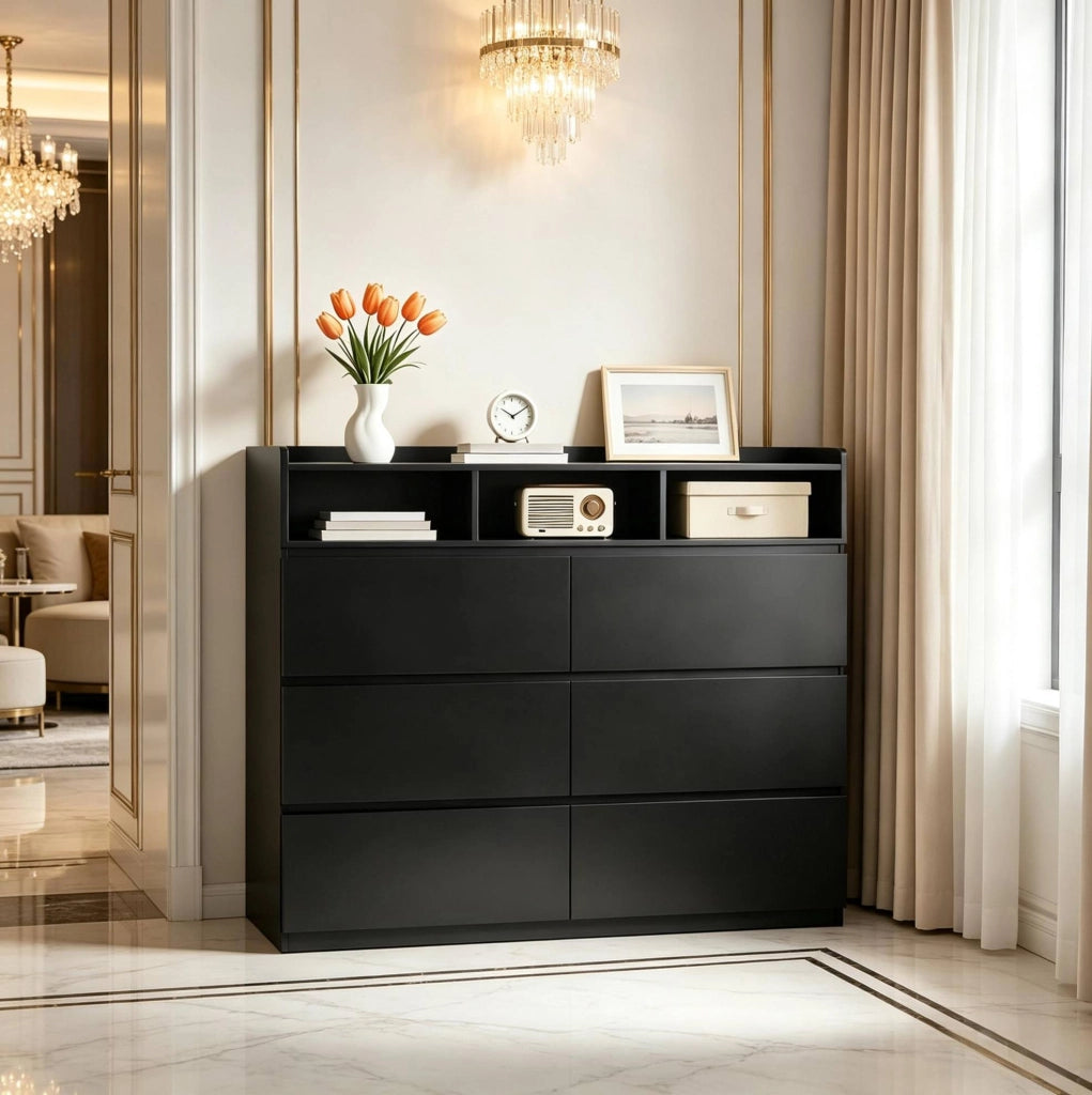 Cassettiera moderna nera con 6 cassetti e 3 vani aperti 120x40x100 cm in pannello E1