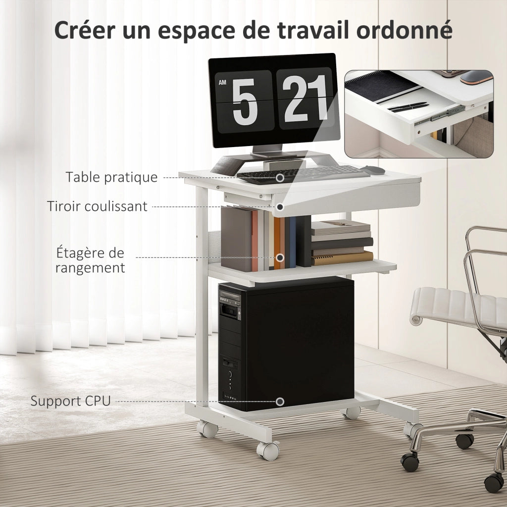Scrivania computer con cassetto e ruote ¨C Xylo ¨C 56x51 cm bianco con supporto CPU