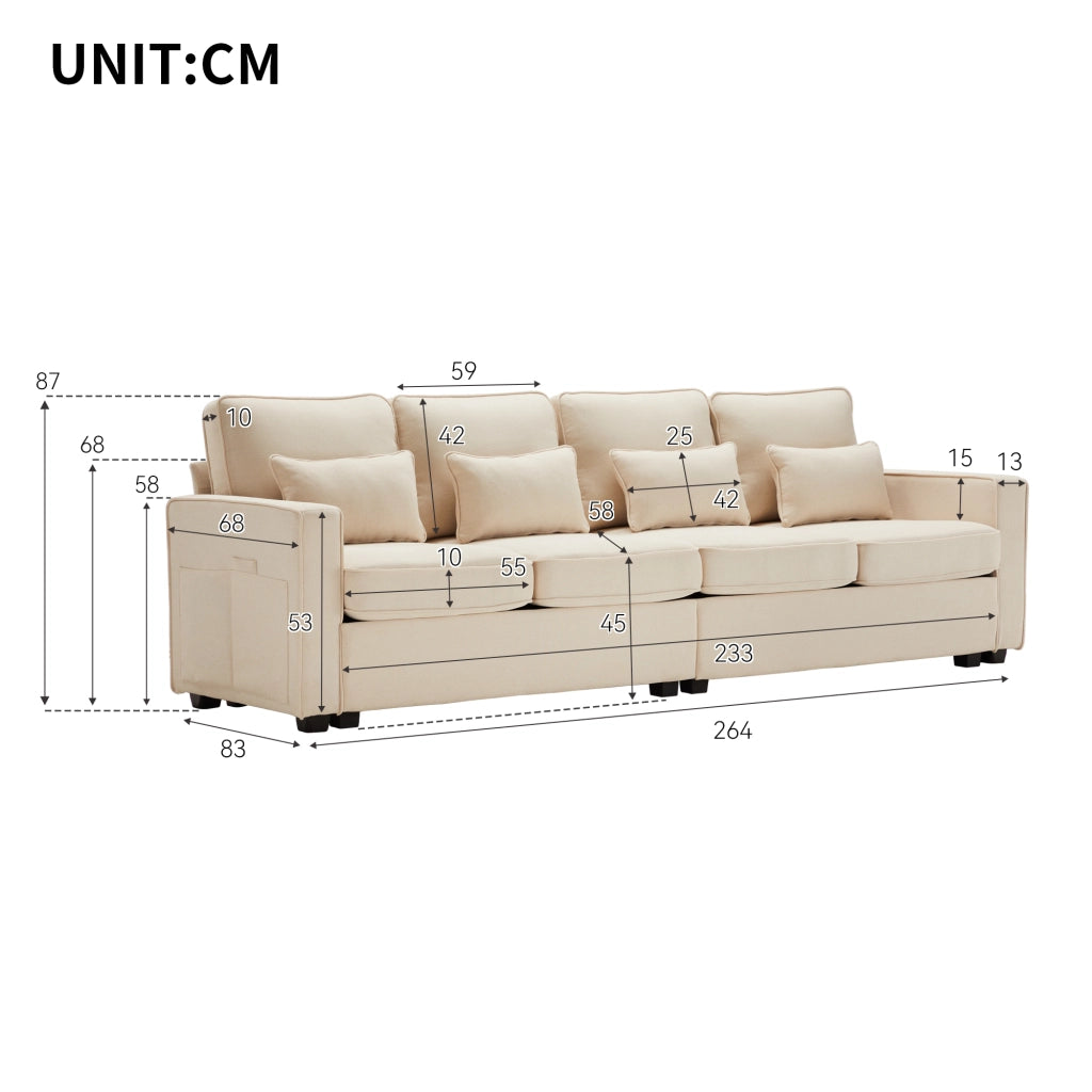 Divano 4 Posti in Tessuto con Braccioli e Cuscini ¨C MINIMAL ¨C Beige/Grigio/Verde