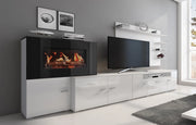 Mobili da soggiorno, camino elettrico a 5 livelli di fiamme, Bianco Opaco e Laccato Bianco Chiaro, 290x45x170cm  RF3663