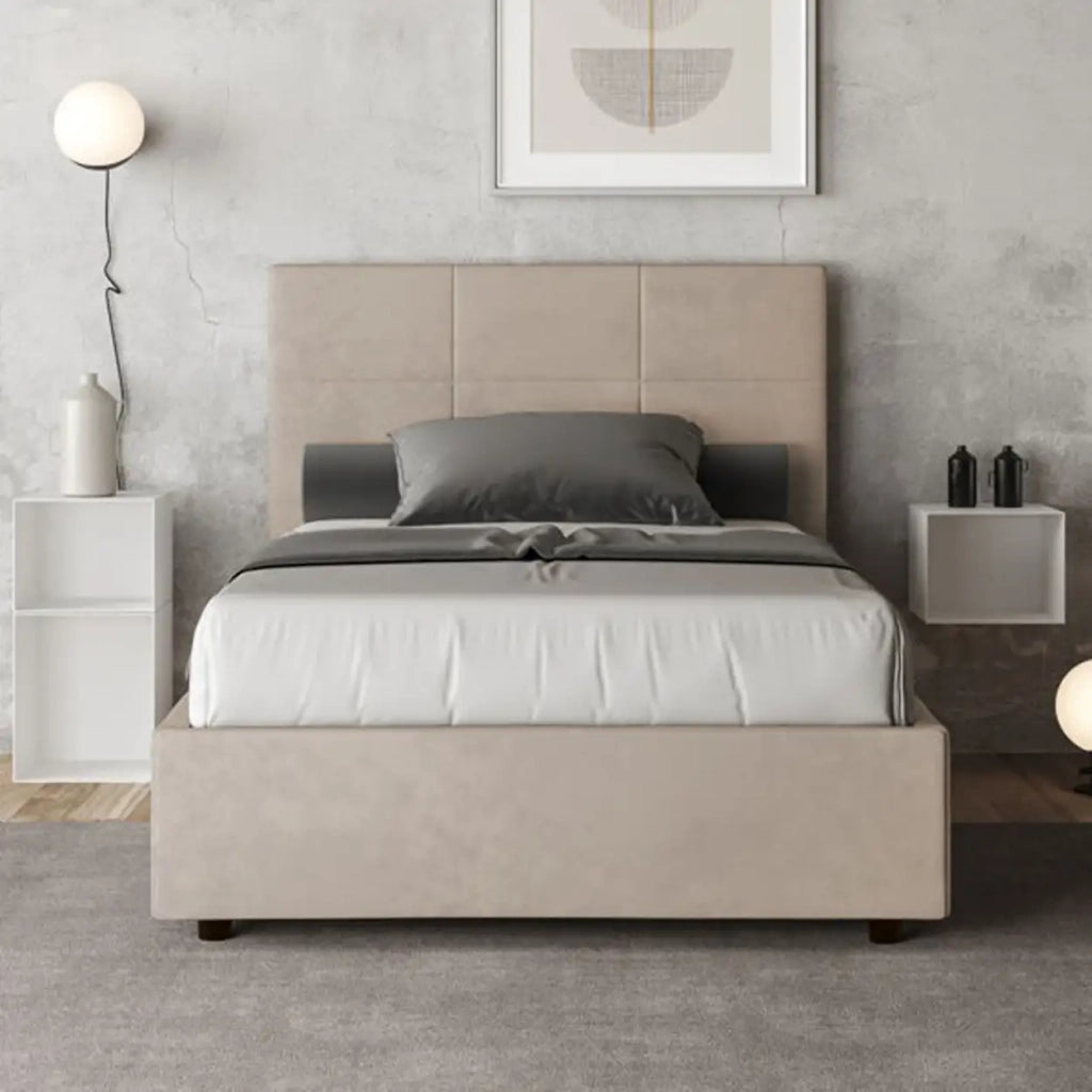 Letto una piazza e mezza con rete imbottito 120x200 microfibra sabbia Mika