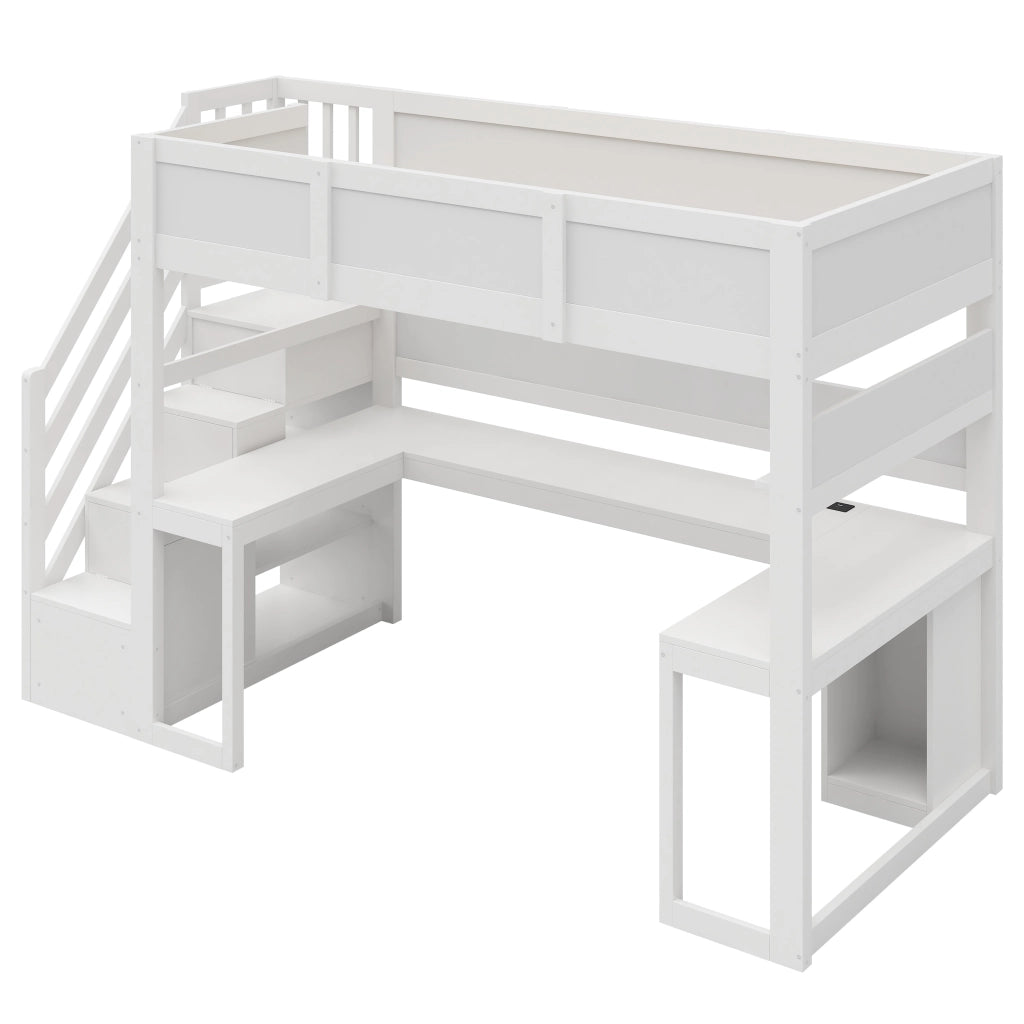 Letto a soppalco gaming 90x200 cm con scrivania integrata e scala contenitore, bianco