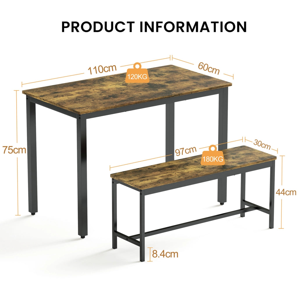 Set tavolo da pranzo con 2 panche 110x60 cm rustico nero