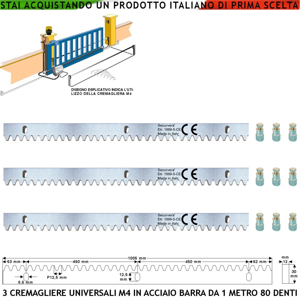 Cremagliera Universale M4 Tre Barre da 1 MT Con 80 Denti in Acciaio Zincato 12X30 mm Portata Garantita 22 Q.li Max 30 Q.li Fissaggio 3 Bulloni Per Metro Ricambio Cancello Scorrevole Giunture Contatto