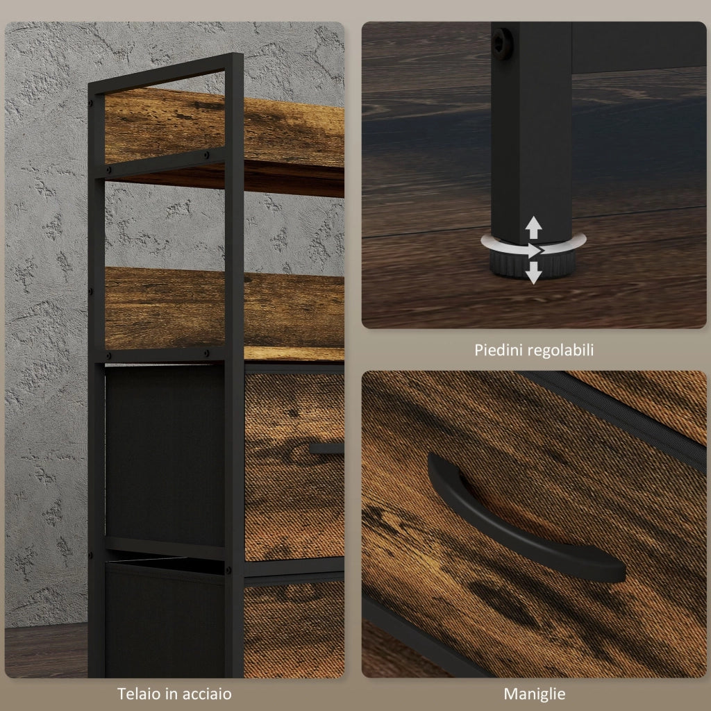 Cassettiera Stile Industriale con 7 Cassetti in Tessuto Rimovibili 79x29x101 cm Struttura in Legno e Acciaio Marrone e
