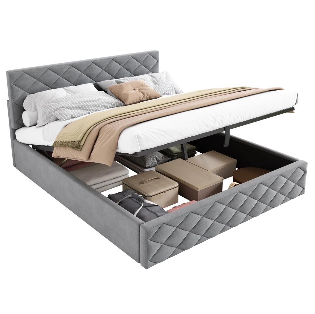 Letto contenitore idraulico 140 × 200 cm con rete a doghe; velluto grigio