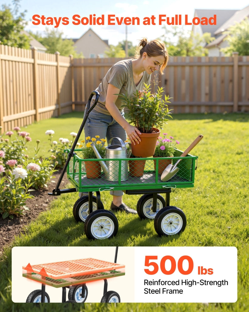 Carrello da Giardino in Acciaio TC-500 Verde Portata 226,8 kg con Sponde Rimovibili e Maniglia Regolabile per Giardinaggio