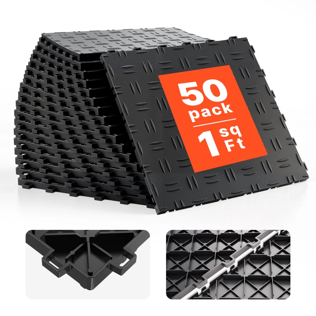 Piastrelle per Pavimento Garage in PP JQ-3050BK, Confezione da 50 Pezzi, 305 x 305 x 13,4 mm, Antiscivolo, per Officina, Nero