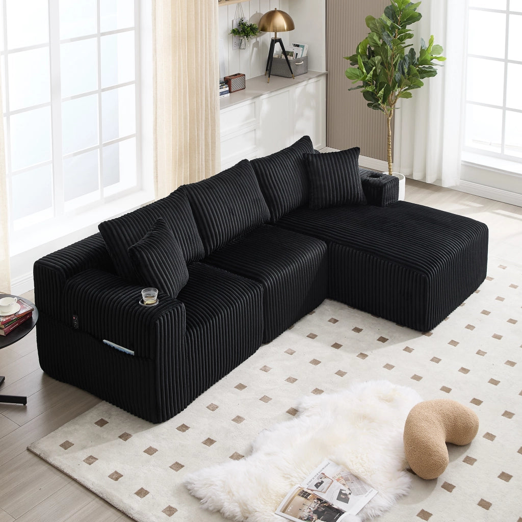 Divano modulare nero con chaise longue e 2 posti in velluto a coste con 5 cuscini portabevande e tasche laterali