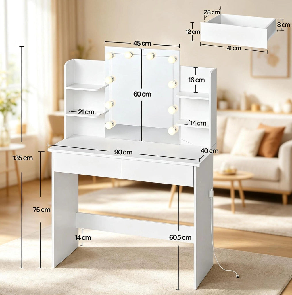 Toeletta con specchio LED 90 x 40 x 135 cm; 2 cassetti; legno massello e plastica; bianca