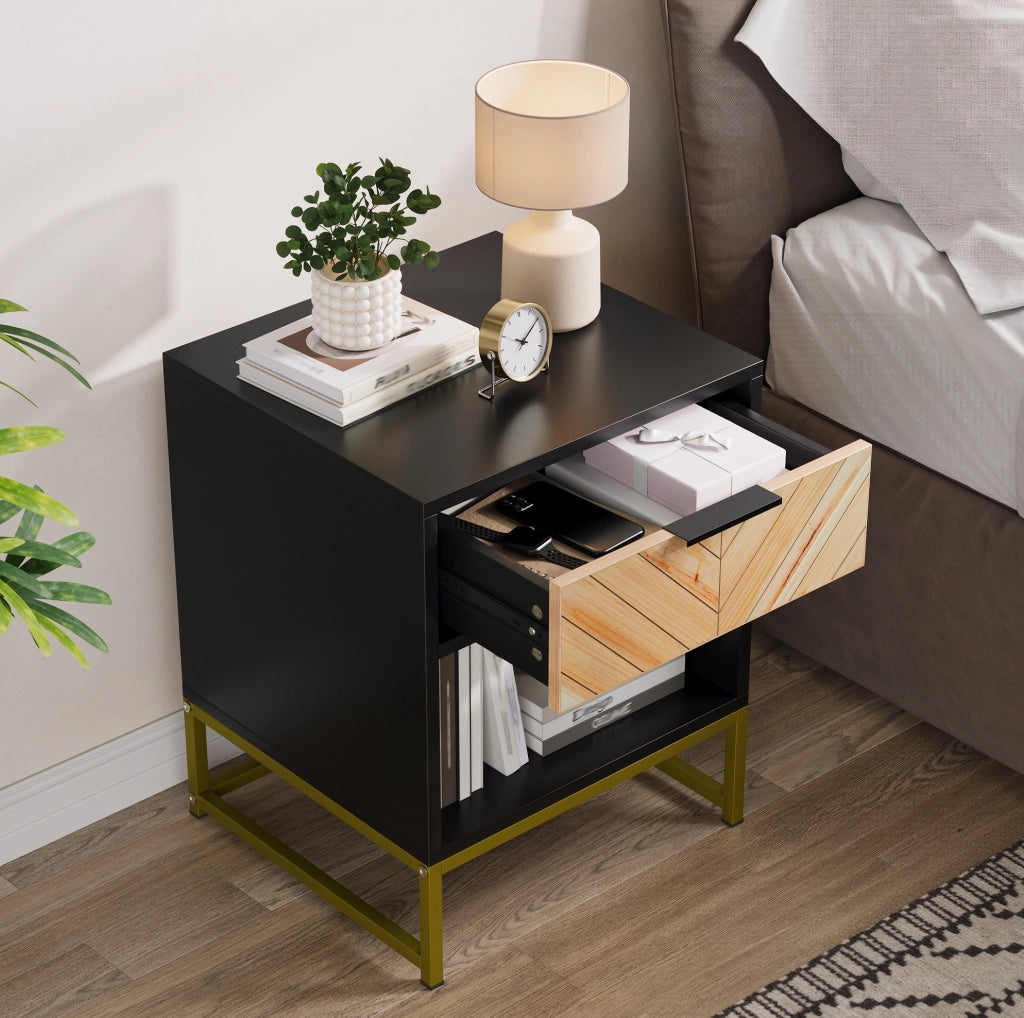 Comodino con cassetto e vano a giorno 43x40x55 cm in MDF nero e naturale HAVRYA