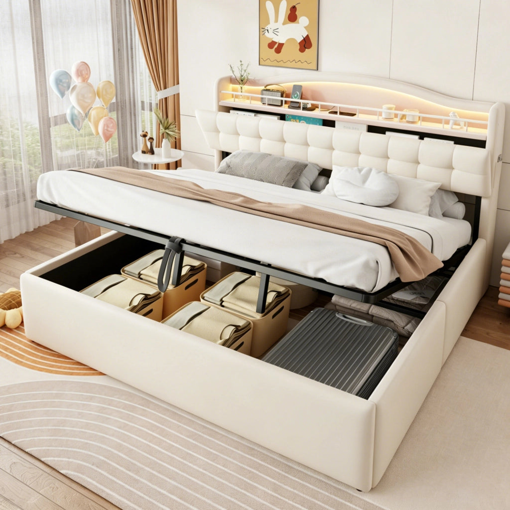Letto matrimoniale 180 × 200 cm con contenitore idraulico in velluto beige LED USB e USB-C