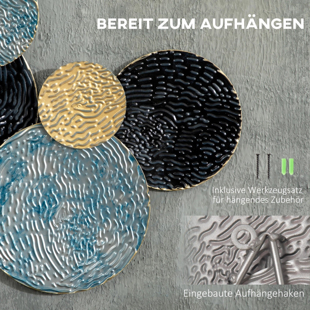 Desviae Decorazione murale 3d in ferro con cerchi ondulati dipinti a mano blu oro e nero 121 × 53 cm per soggiorno