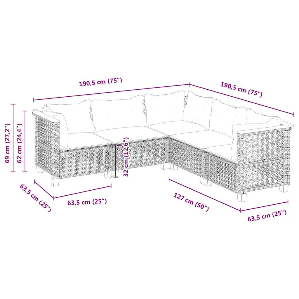 Set Divano da Giardino 5 pz con Cuscini Beige in Polyrattan