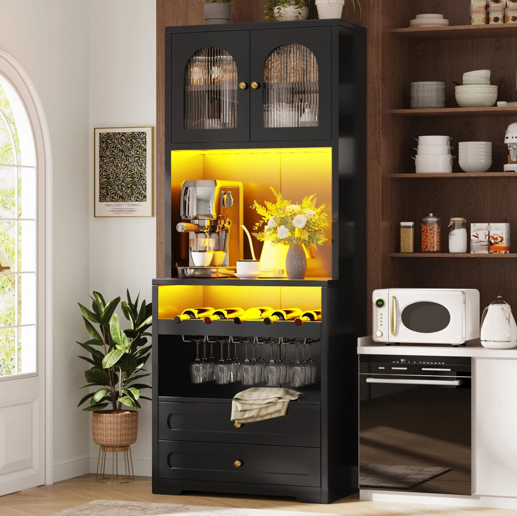 Mobile alto da cucina nero con LED smart, portabottiglie e USB